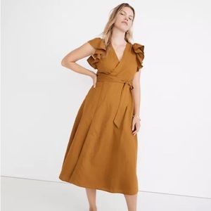 Madewell Linen Ruffle Wrap Midi Dress sz xxs in  Gold / mustard Amber  NWT